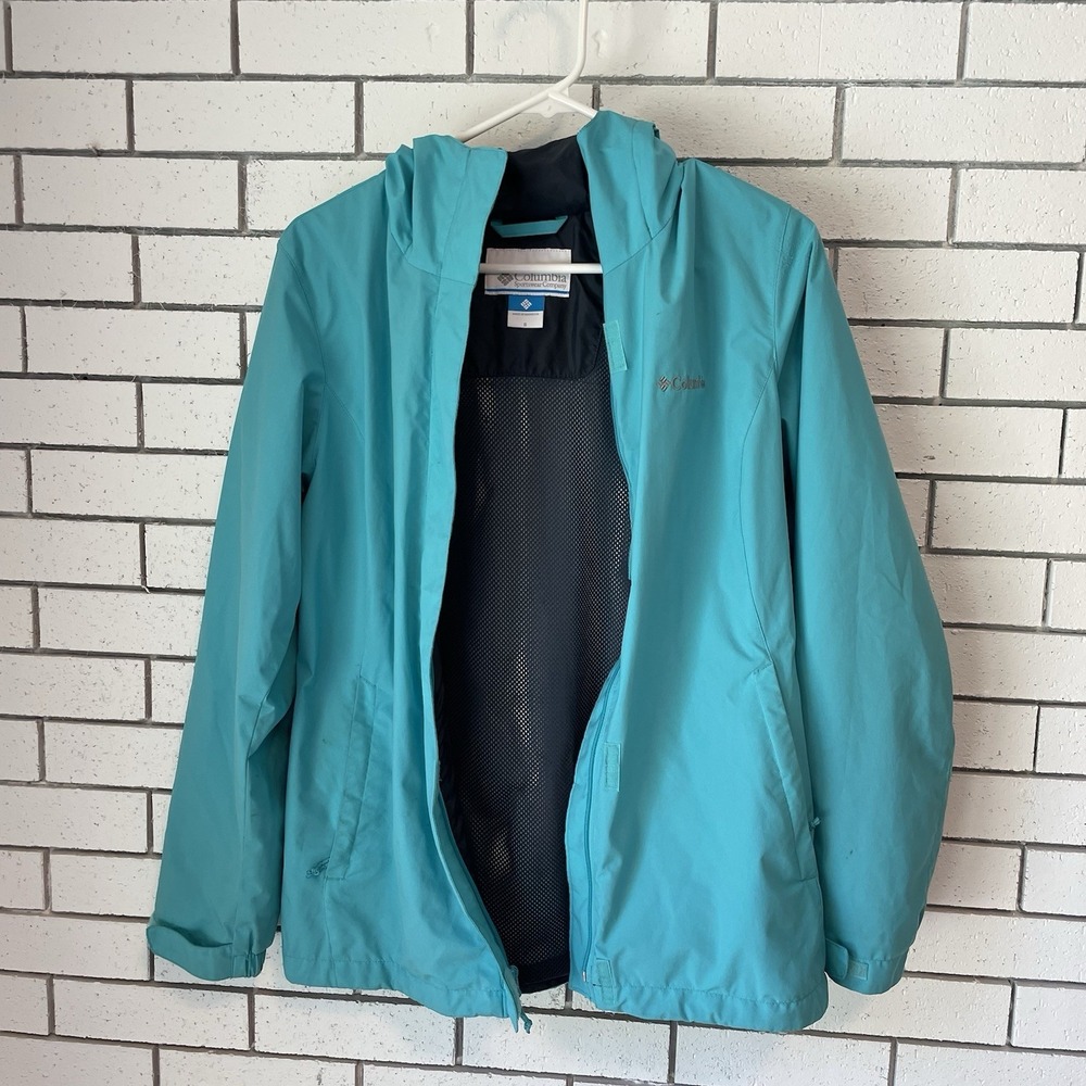 Columbia Womens Rain Jacket Size Small Teal Aqua Blue Hooded Windbreaker Shell